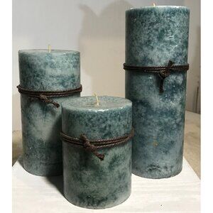 Set Of 3 Pillar Candles Handmade Rustic Blue Teal With Twine Accent Nautical